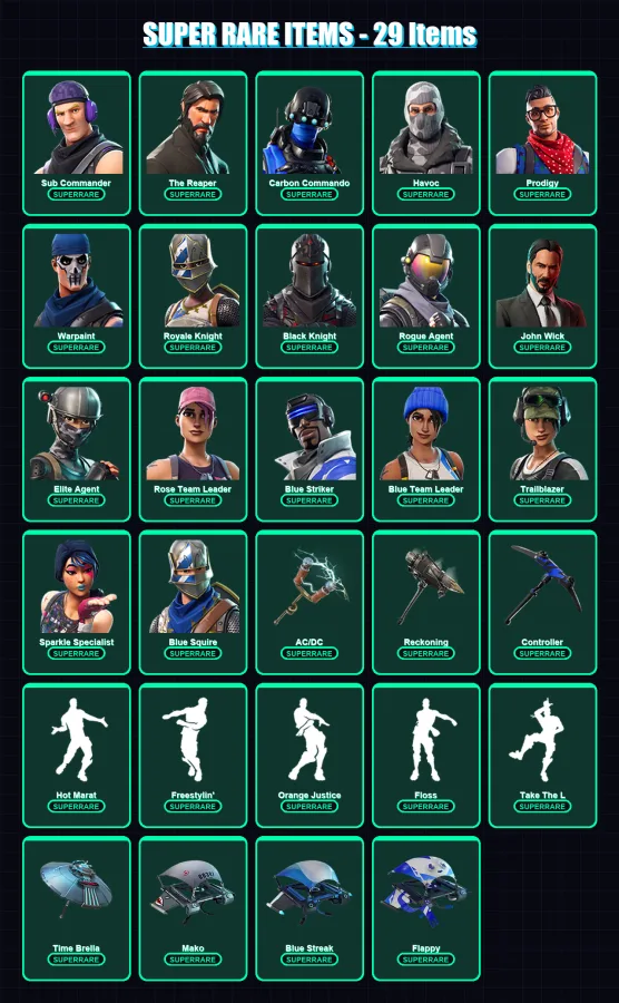 [PS4/PS5/XBOX/PC] | Sub Commander | The Reaper | Carbon Commando | Havoc | Prodigy | 49 skin | 36 pickaxe | 65 emote | 55 glider | Lv862