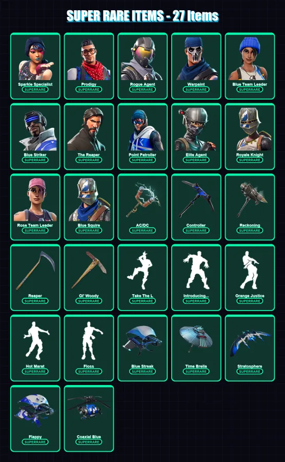 [PS4/PS5/XBOX/PC] | Sparkle Specialist | Prodigy | Rogue Agent | Warpaint | Blue Team Leader | 92 skin | 110 pickaxe | 103 emote | 102 glider | Lv15