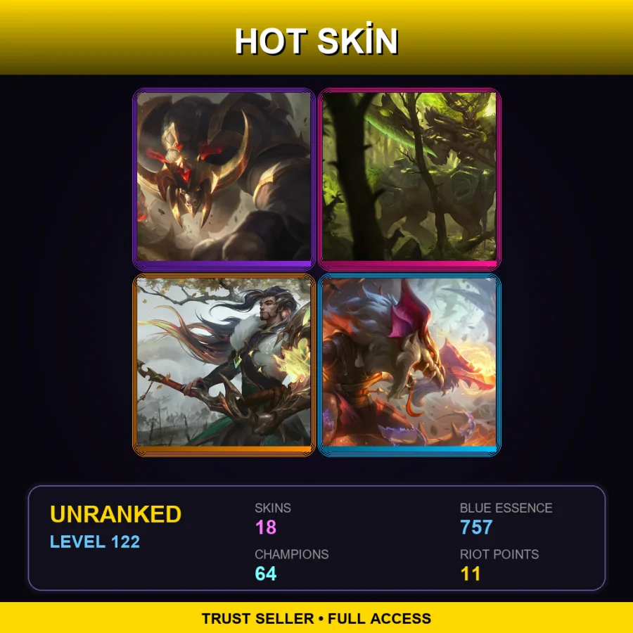 EUW | Lv122 | Unranked | 18 Skin | 64 Champ — LoL account