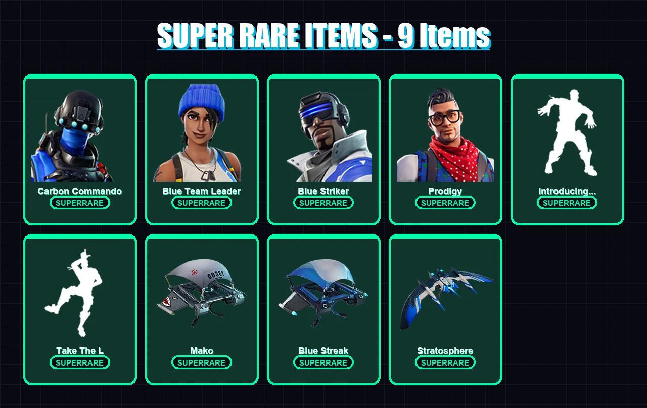 [PS4/PS5/XBOX/PC] | Carbon Commando | Blue Team Leader | Blue Striker | Prodigy | Silver Surfer | 8 skin | 28 pickaxe | 23 emote | 33 glider | Lv530