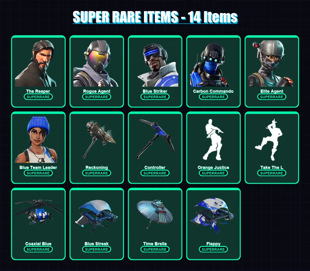 [PC/XBOX] | The Reaper | Rogue Agent | Blue Striker | Carbon Commando | Elite Agent | 38 skin | 29 pickaxe | 43 emote | 40 glider | Lv569