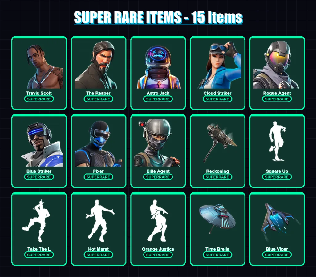 [PS4/PS5/XBOX/PC] | Travis Scott | The Reaper | Astro Jack | Cloud Striker | Rogue Agent | 57 skin | 53 pickaxe | 56 emote | 56 glider | Lv833
