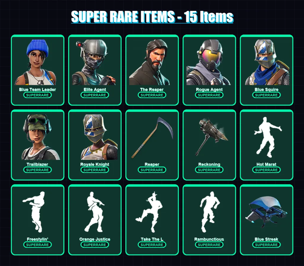 [PS4/PS5/XBOX/PC] | Blue Team Leader | Elite Agent | The Reaper | Rogue Agent | Blue Squire | 182 skin | 123 pickaxe | 132 emote | 91 glider | Lv775