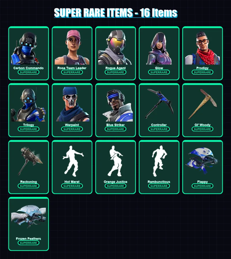 [PS4/PS5/XBOX/PC] | Carbon Commando | Rose Team Leader | Rogue Agent | Glow | Prodigy | 100 skin | 77 pickaxe | 102 emote | 79 glider | Lv854