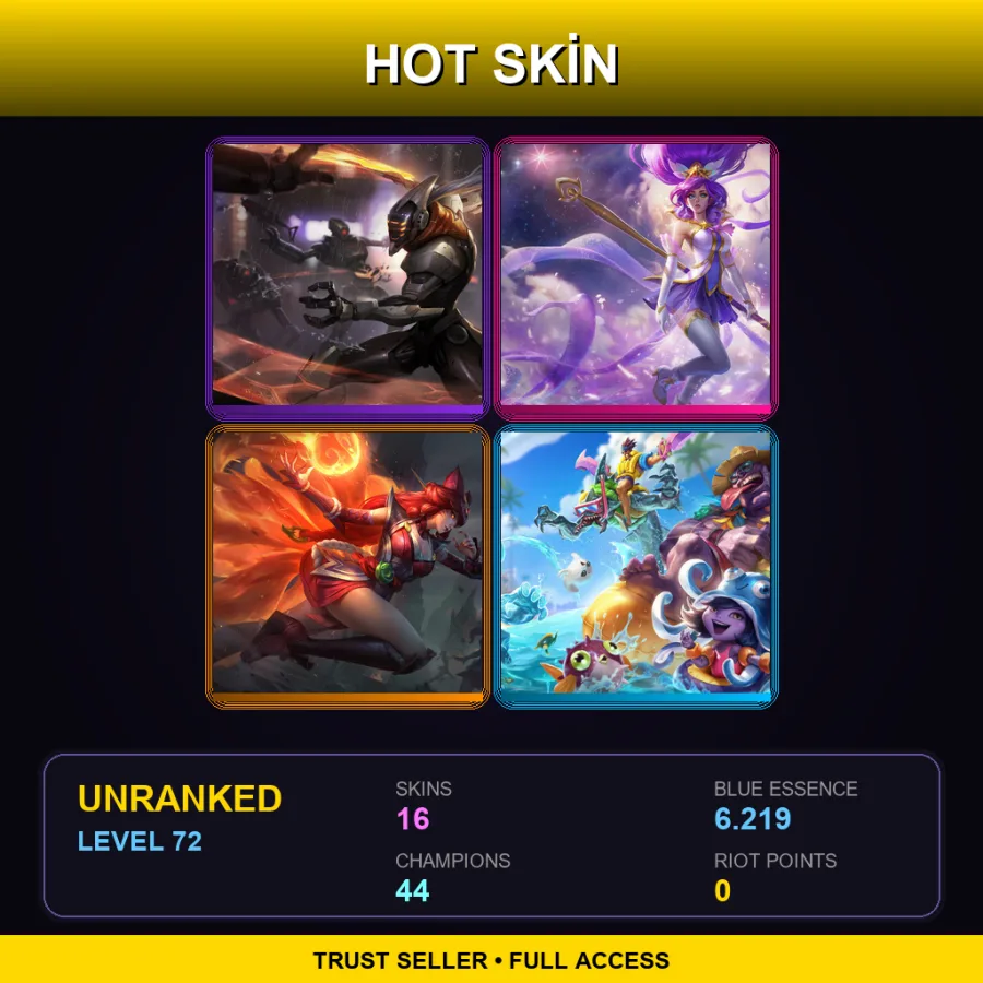 EUW | Lv72 | Unranked | 16 Skin | 44 Champ — LoL account