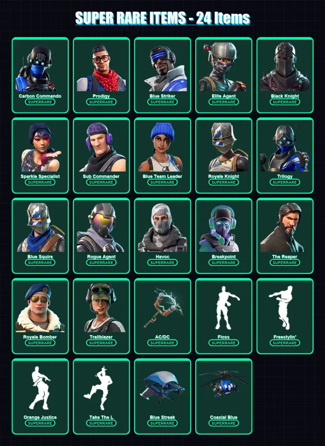 [PC/XBOX/PSN] | Carbon Commando | Prodigy | Blue Striker | Elite Agent | Black Knight | 88 skin | 47 pickaxe | 67 emote | 53 glider | Lv685