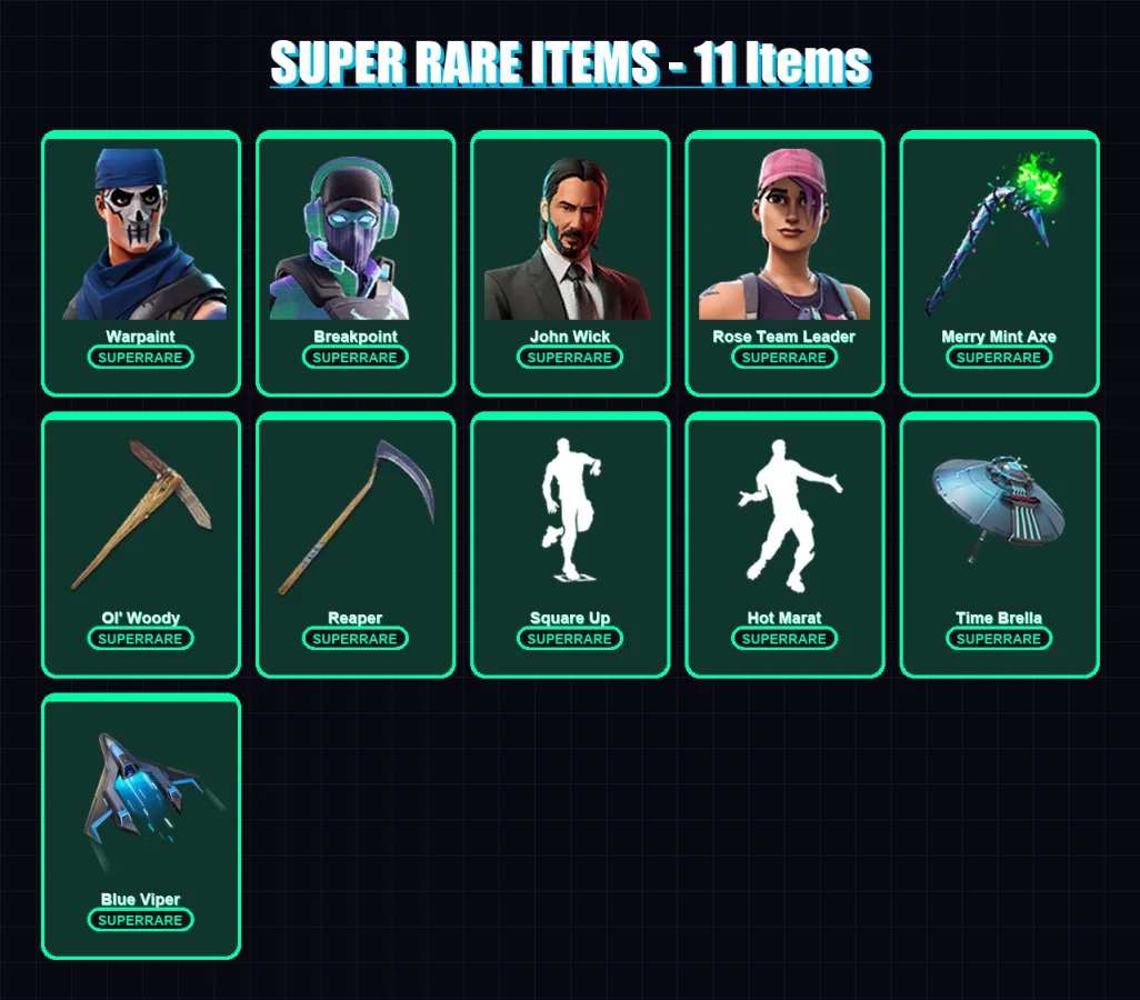 [PC] | Warpaint | Breakpoint | John Wick | Rose Team Leader | Luxe | 178 skin | 178 pickaxe | 156 emote | 131 glider | Lv1537