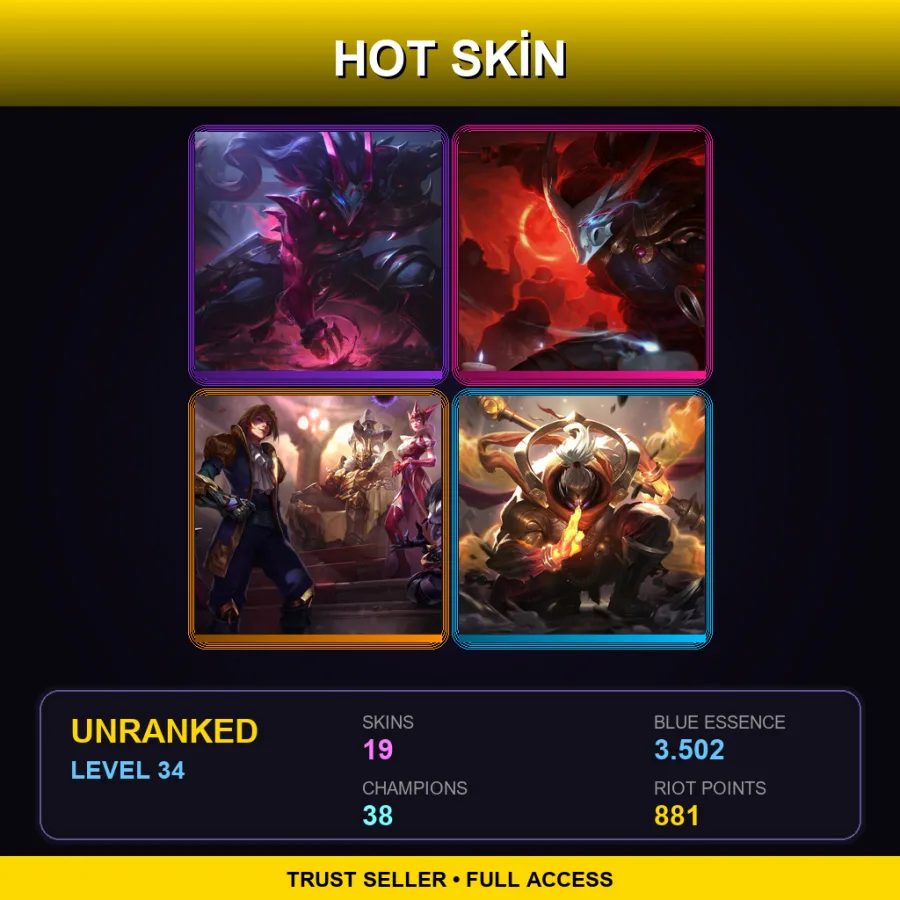 NA | Blood Moon Tryndamere | Blood Moon Yasuo | King of Clubs Mordekaiser | God Staff Jax | 19 Skin | 38 Champ | Lv34