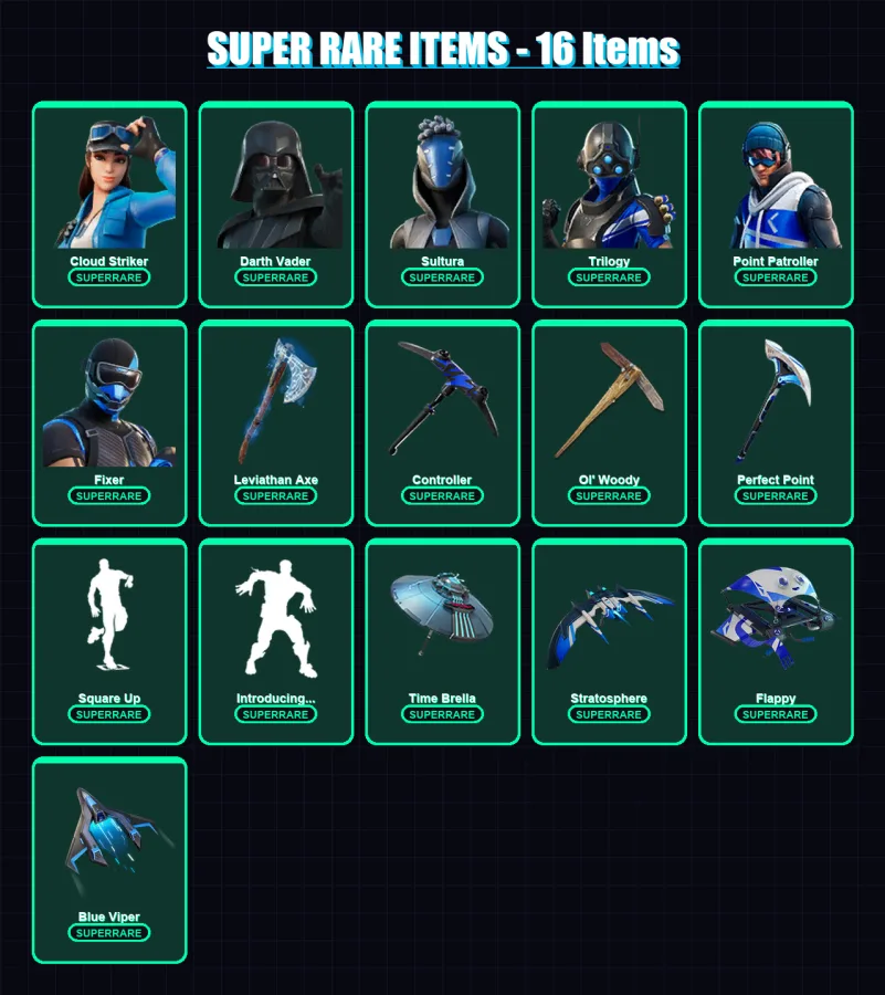 [PS4/PS5/XBOX/PC] | Cloud Striker | Darth Vader | Sultura | Trilogy | Point Patroller | 219 skin | 268 pickaxe | 194 emote | 206 glider | Lv2976