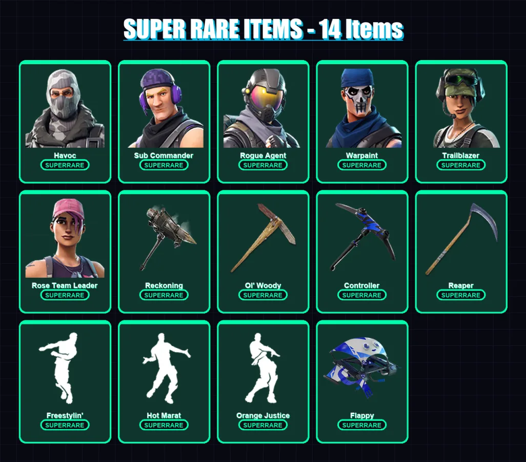 [PS4/PS5/XBOX/PC] | Havoc | Sub Commander | Rogue Agent | Warpaint | Trailblazer | 75 skin | 78 pickaxe | 88 emote | 76 glider | Lv1071