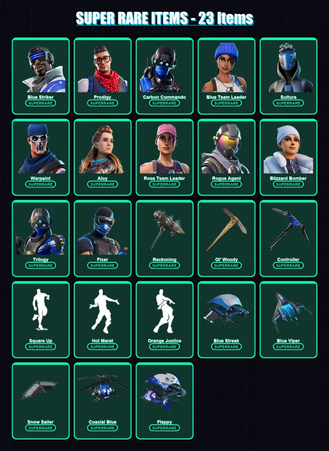 [PS4/PS5/XBOX/PC] | Blue Striker | Prodigy | Carbon Commando | Blue Team Leader | Sultura | 85 skin | 89 pickaxe | 90 emote | 93 glider | Lv949
