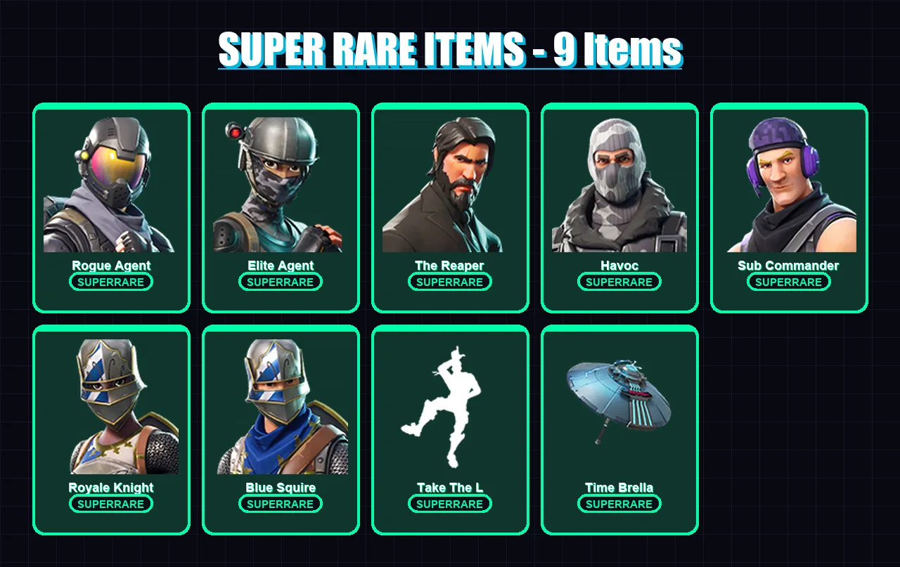 [PC/PSN] | Rogue Agent | Elite Agent | The Reaper | Havoc | Sub Commander | 38 skin | 61 pickaxe | 69 emote | 70 glider | Lv1337