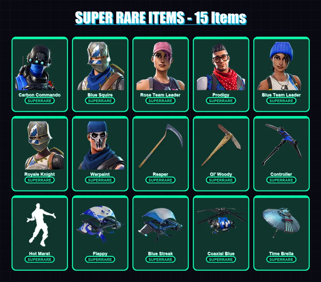 [PC] | Carbon Commando | Blue Squire | Rose Team Leader | Prodigy | Blue Team Leader | 90 skin | 111 pickaxe | 81 emote | 70 glider | Lv1046