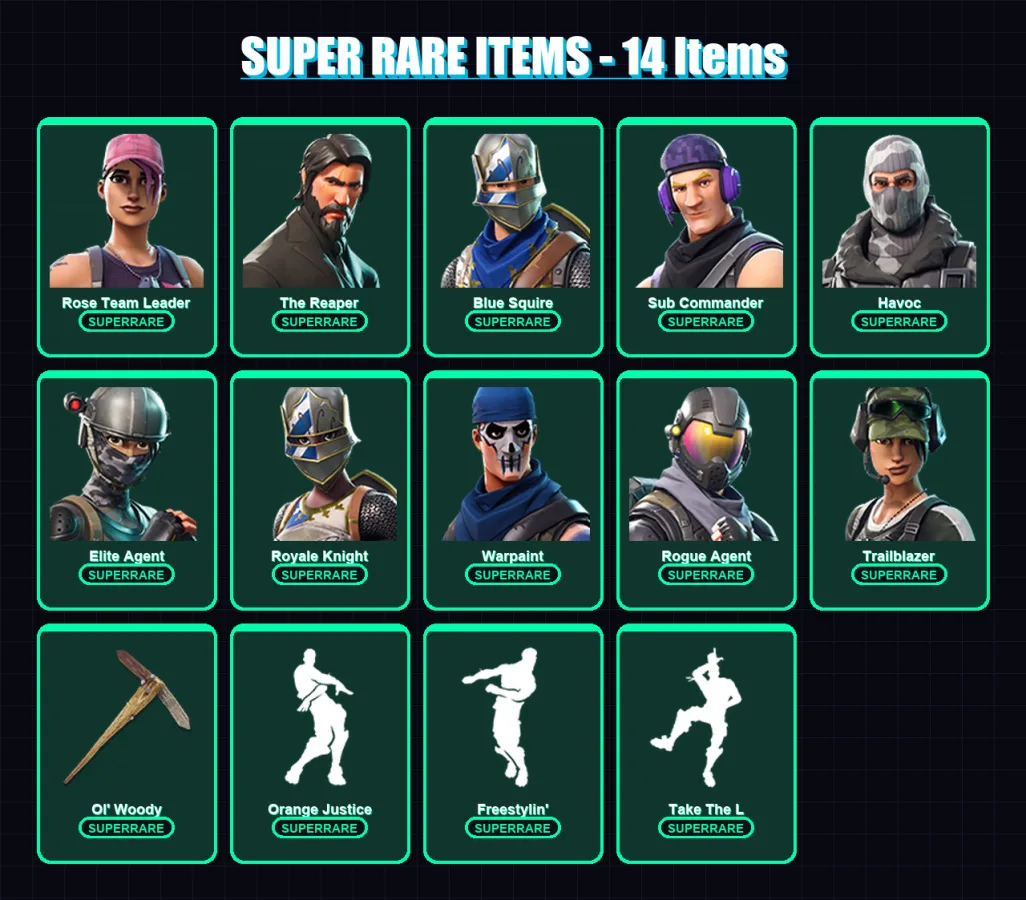 [PC/XBOX/PSN] | Rose Team Leader | The Reaper | Blue Squire | Sub Commander | Havoc | 70 skin | 80 pickaxe | 68 emote | 82 glider | Lv1201
