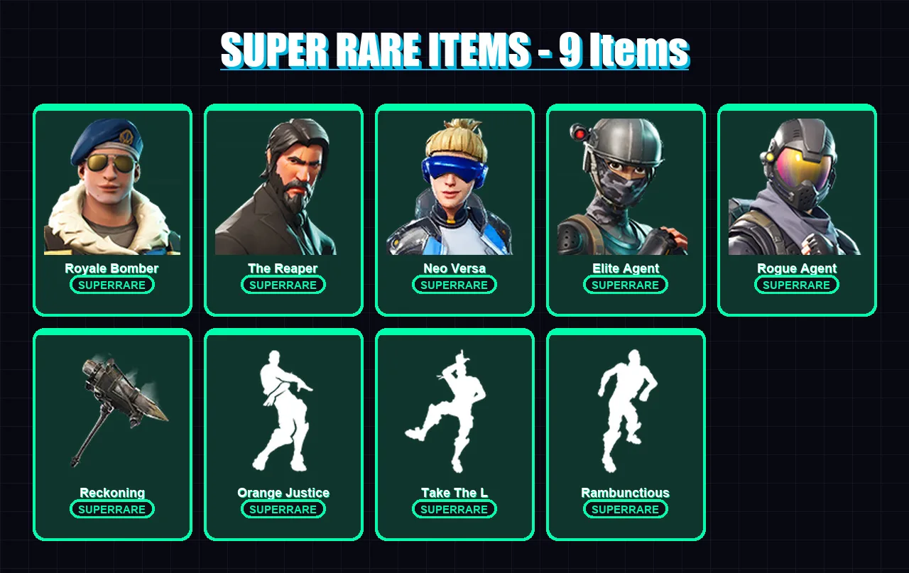 [PC/XBOX] | Royale Bomber | The Reaper | Neo Versa | Elite Agent | Rogue Agent | 47 skin | 30 pickaxe | 49 emote | 41 glider | Lv617
