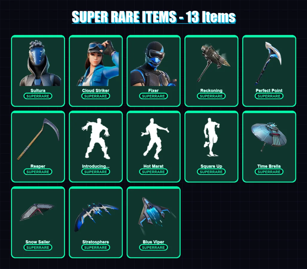 [PS4/PS5/XBOX/PC] | Sultura | Cloud Striker | Fixer | Predator | Ronin | 158 skin | 218 pickaxe | 151 emote | 176 glider | Lv3369