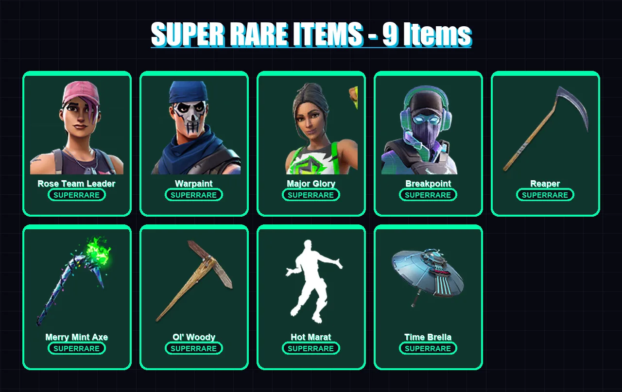 [PC] | Rose Team Leader | Warpaint | Major Glory | Breakpoint | Spire Assassin | 187 skin | 226 pickaxe | 159 emote | 187 glider | Lv3089