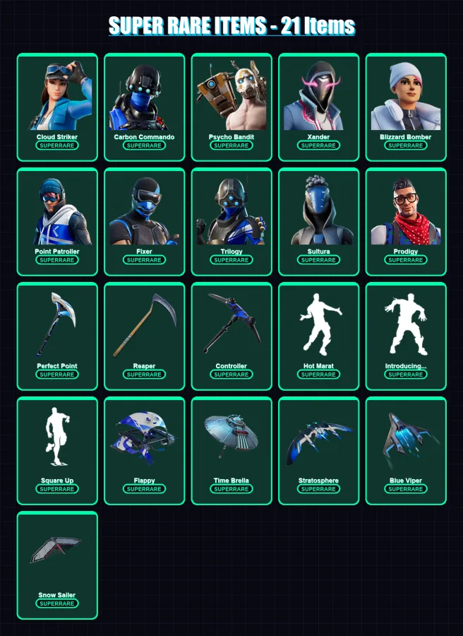 [PS4/PS5/PC] | Cloud Striker | Carbon Commando | Psycho Bandit | Xander | Blizzard Bomber | 288 skin | 316 pickaxe | 236 emote | 251 glider | Lv4391 — Fortnite account