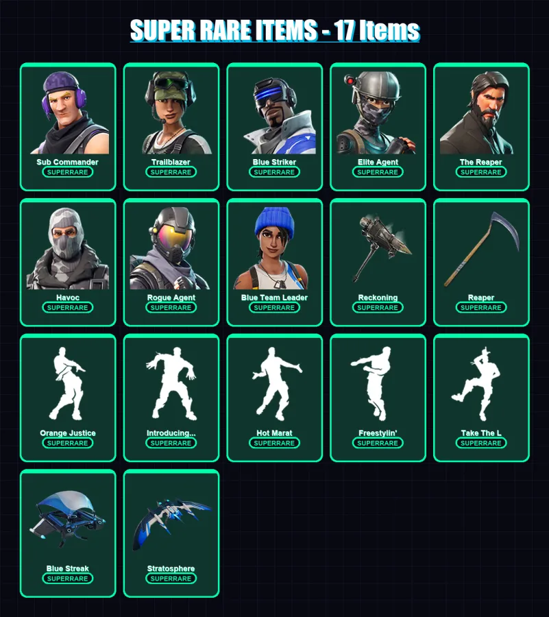 [PC/PSN] | Sub Commander | Trailblazer | Blue Striker | Elite Agent | The Reaper | 88 skin | 108 pickaxe | 93 emote | 94 glider | Lv1170