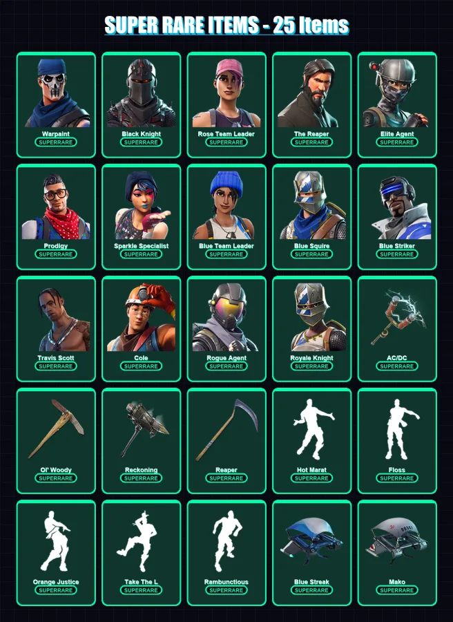 [PS4/PS5/XBOX/PC] | Warpaint | Black Knight | Rose Team Leader | The Reaper | Elite Agent | 101 skin | 71 pickaxe | 91 emote | 78 glider | Lv1303 — Fortnite account