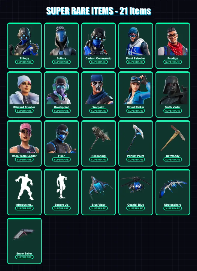 [PC/XBOX] | Trilogy | Sultura | Carbon Commando | Point Patroller | Prodigy | 214 skin | 240 pickaxe | 218 emote | 195 glider | Lv2403