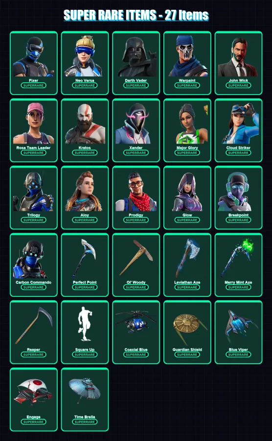 [PC/XBOX/PSN] | Fixer | Neo Versa | Darth Vader | Warpaint | John Wick | 467 skin | 399 pickaxe | 290 emote | 256 glider | Lv3708