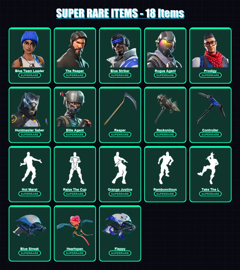 [PC/PSN] | Blue Team Leader | The Reaper | Blue Striker | Rogue Agent | Prodigy | 78 skin | 60 pickaxe | 75 emote | 66 glider | Lv988