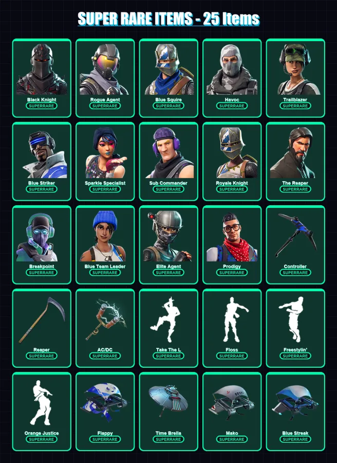[PS4/PS5/XBOX/PC] | Black Knight | Rogue Agent | Blue Squire | Havoc | Trailblazer | 106 skin | 127 pickaxe | 131 emote | 136 glider | Lv2093