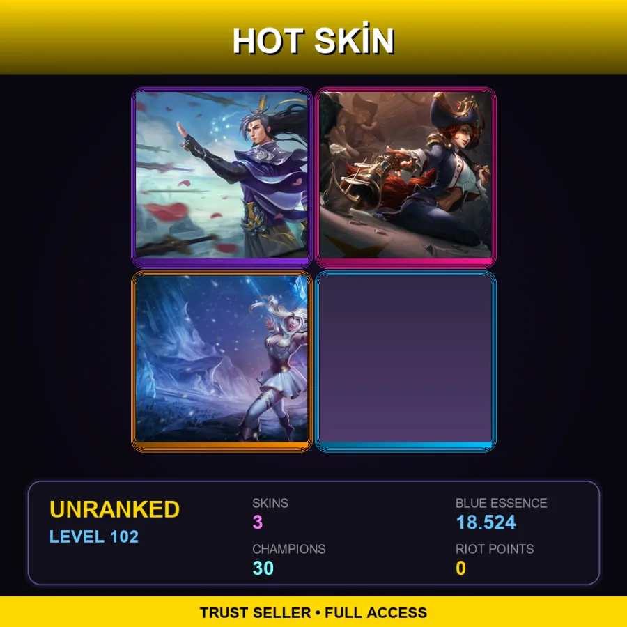 SG | Lv102 | Unranked | 3 Skin | 30 Champ — LoL account