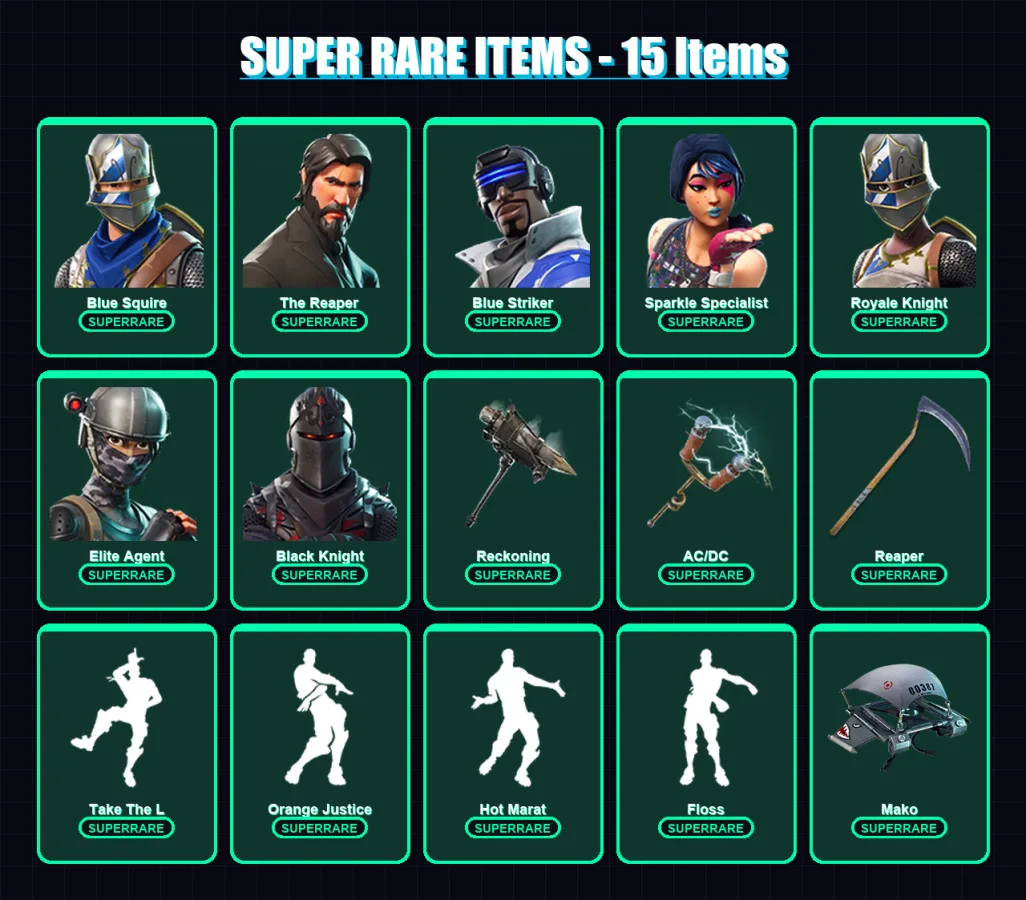 [PC/XBOX] | Blue Squire | The Reaper | Blue Striker | Sparkle Specialist | Royale Knight | 47 skin | 49 pickaxe | 58 emote | 50 glider | Lv747