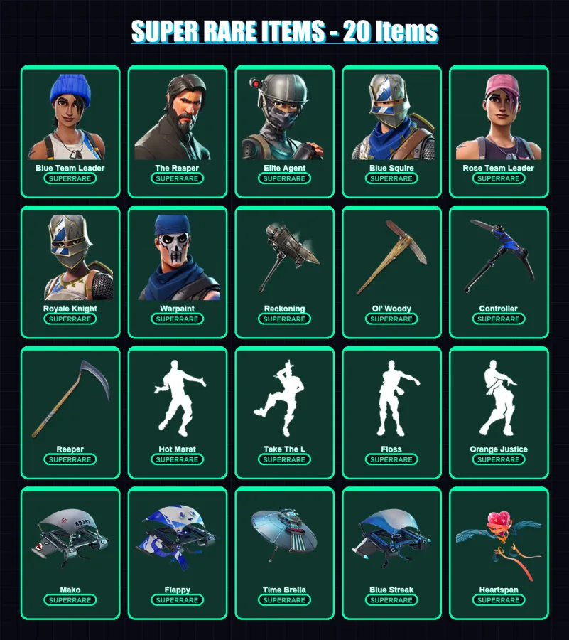 [PC/XBOX] | Blue Team Leader | The Reaper | Elite Agent | Blue Squire | Rose Team Leader | 94 skin | 107 pickaxe | 110 emote | 104 glider | Lv1556