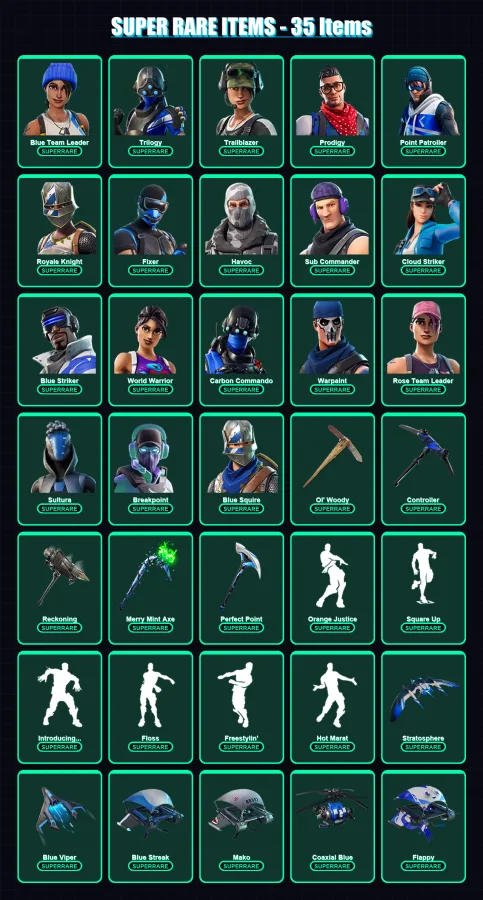 [PC/PSN] | Blue Team Leader | Trilogy | Trailblazer | Prodigy | Point Patroller | 106 skin | 101 pickaxe | 104 emote | 116 glider | Lv1892