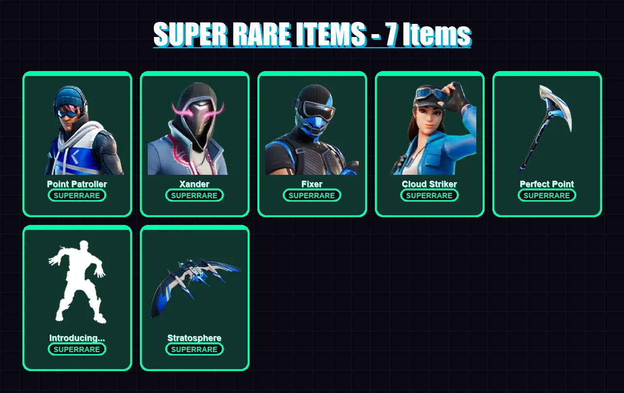 [PC/XBOX/PSN] | Point Patroller | Xander | Fixer | Cloud Striker | Jennifer Walters | 10 skin | 18 pickaxe | 14 emote | 14 glider | Lv127