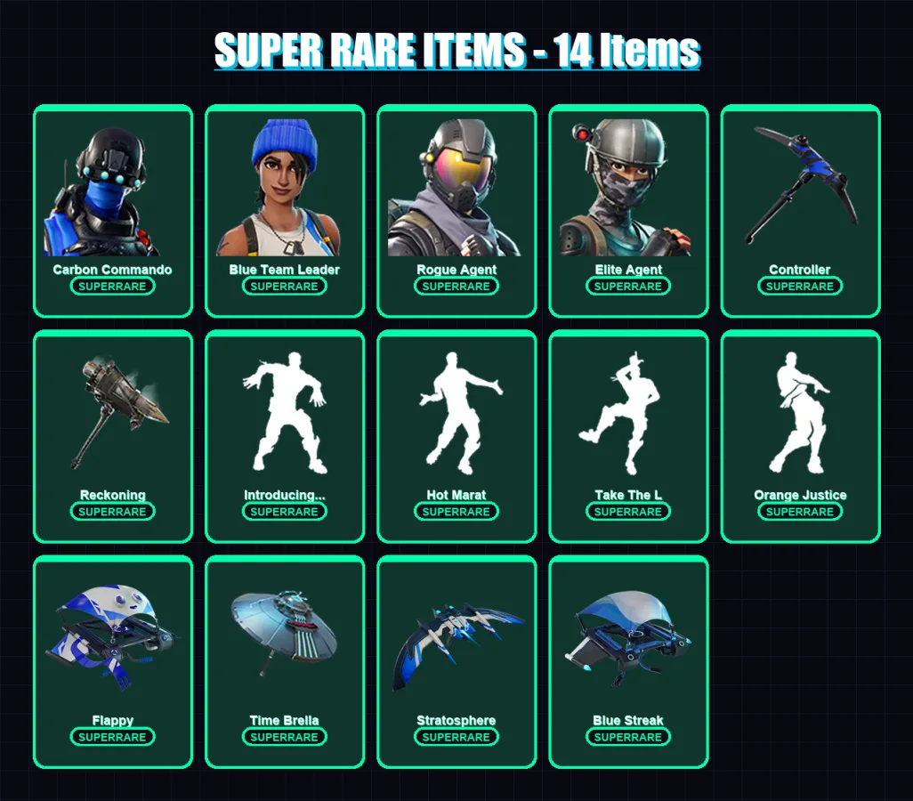 [PC] | Carbon Commando | Blue Team Leader | Rogue Agent | Elite Agent | Lynx | 44 skin | 84 pickaxe | 61 emote | 70 glider | Lv850
