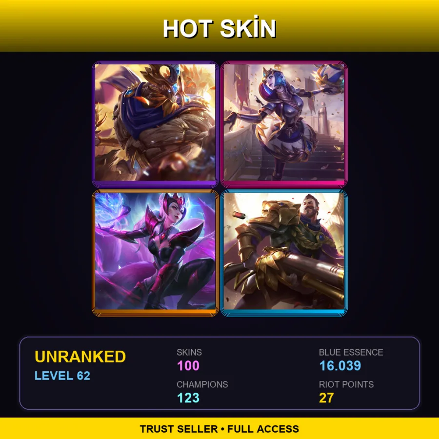 EUNE | Lv62 | Unranked | 100 Skin | 123 Champ