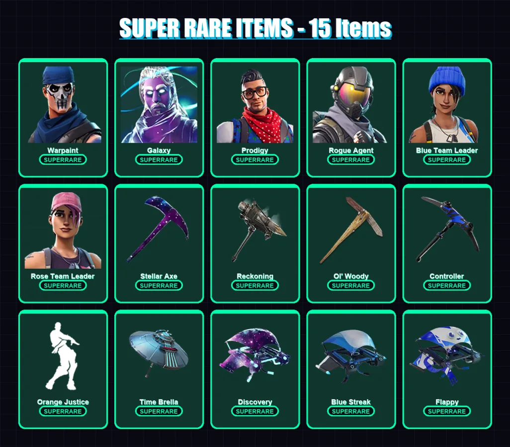 [PS4/PS5/XBOX/PC] | Warpaint | Galaxy | Prodigy | Rogue Agent | Blue Team Leader | 70 skin | 53 pickaxe | 68 emote | 62 glider | Lv721
