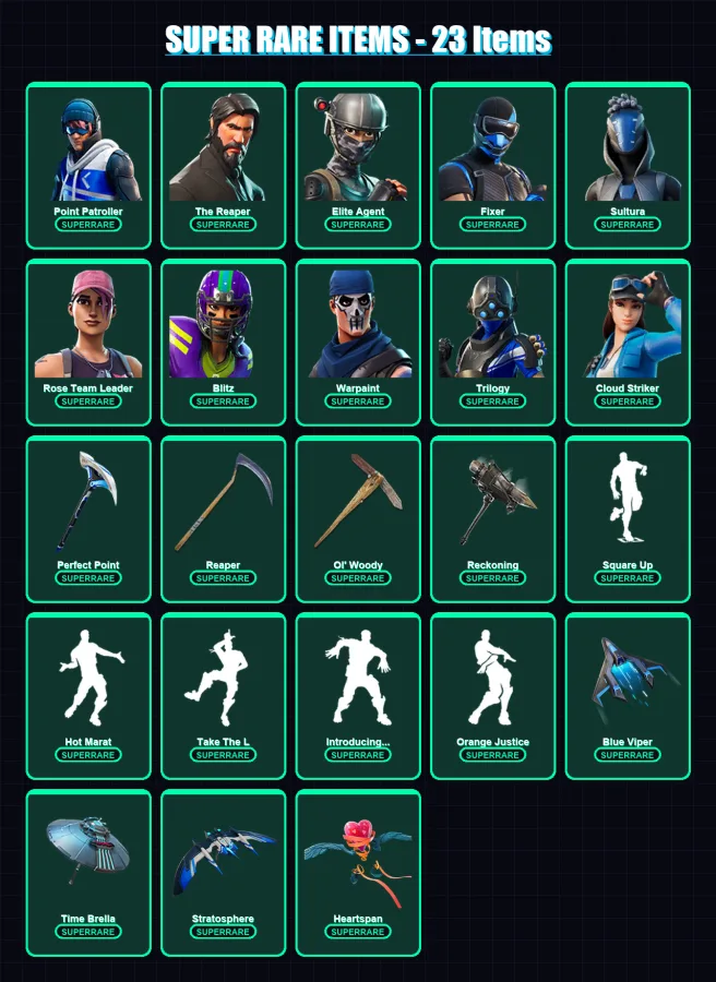 [PS4/PS5/XBOX/PC] | Point Patroller | The Reaper | Elite Agent | Fixer | Sultura | 121 skin | 109 pickaxe | 99 emote | 109 glider | Lv1604