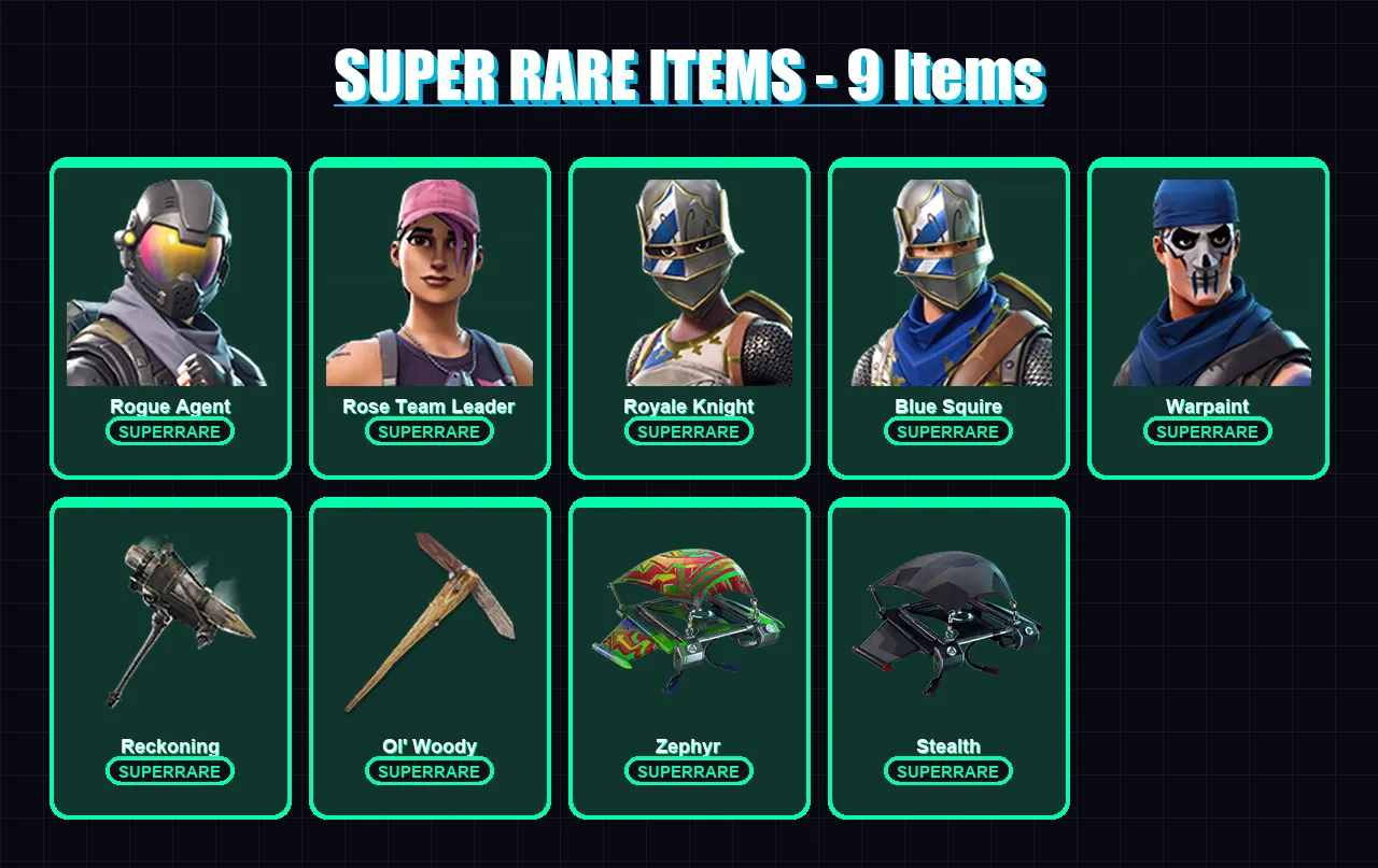 [PC/XBOX/PSN] | Rogue Agent | Rose Team Leader | Royale Knight | Blue Squire | Warpaint | 10 skin | 9 pickaxe | 17 emote | 14 glider | Lv201