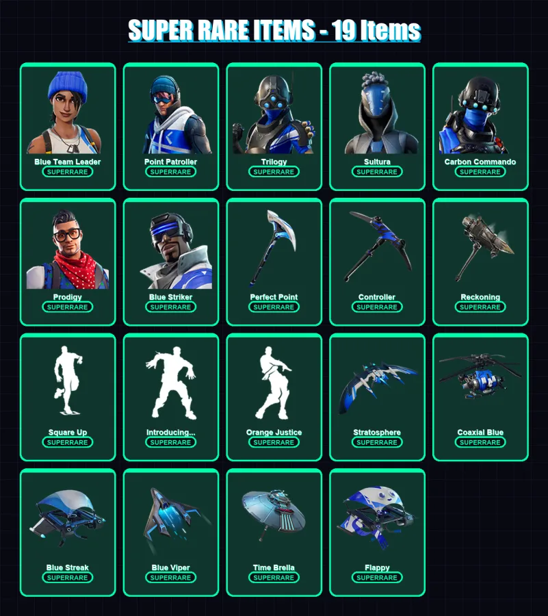 [PS4/PS5/XBOX/PC] | Blue Team Leader | Point Patroller | Trilogy | Sultura | Carbon Commando | 107 skin | 92 pickaxe | 80 emote | 99 glider | Lv1357