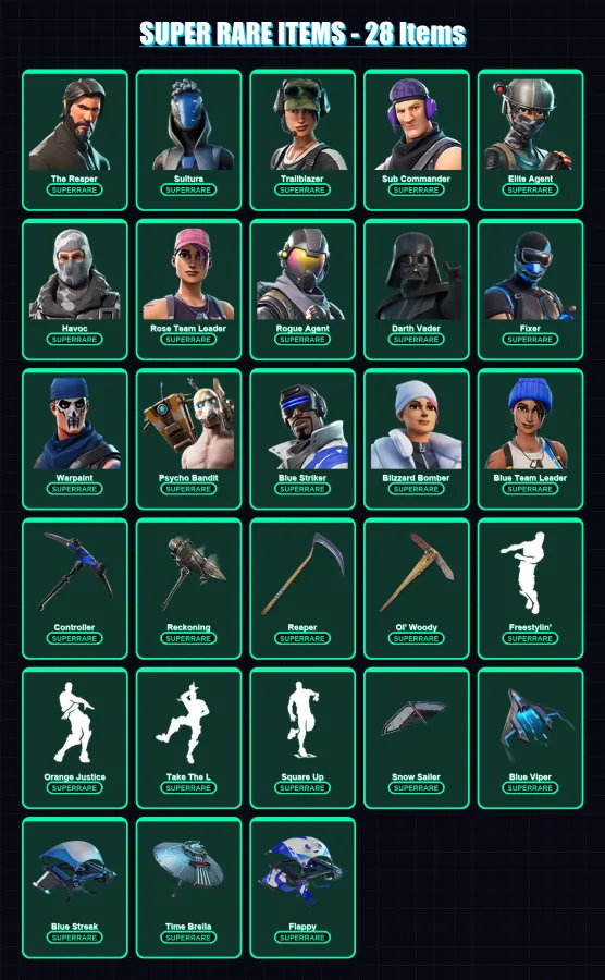 [PS4/PS5/XBOX/PC] | The Reaper | Sultura | Trailblazer | Sub Commander | Elite Agent | 316 skin | 300 pickaxe | 209 emote | 187 glider | Lv2299