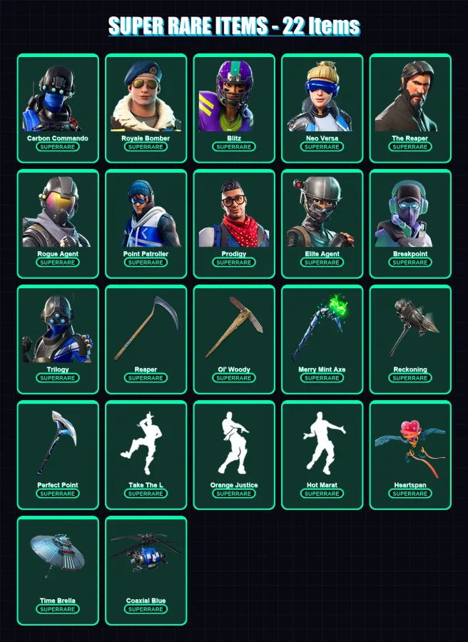 [PS4/PS5/PC] | Carbon Commando | Royale Bomber | Blitz | Neo Versa | The Reaper | 175 skin | 179 pickaxe | 187 emote | 155 glider | Lv2333