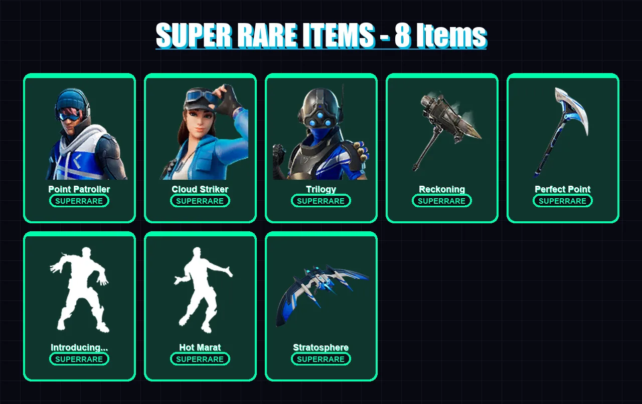 [PS4/PS5/XBOX/PC] | Point Patroller | Cloud Striker | Trilogy | Ruin | Catalyst | 45 skin | 42 pickaxe | 48 emote | 41 glider | Lv629