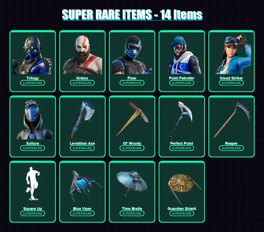 [PS4/PS5/XBOX/PC] | Trilogy | Kratos | Fixer | Point Patroller | Cloud Striker | 178 skin | 205 pickaxe | 152 emote | 151 glider | Lv2776