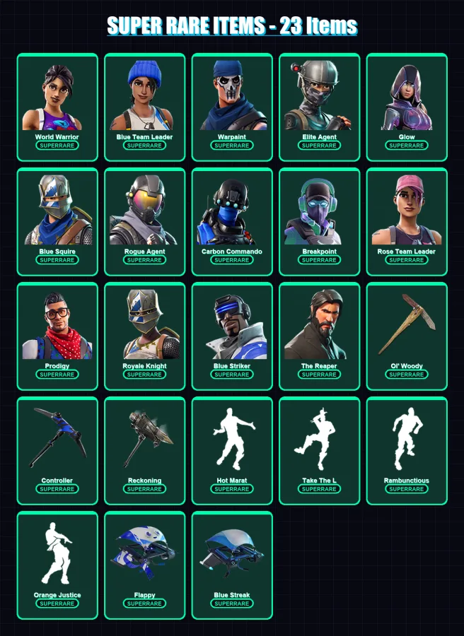 [PS4/PS5/XBOX/PC] | World Warrior | Blue Team Leader | Warpaint | Elite Agent | Glow | 104 skin | 64 pickaxe | 77 emote | 59 glider | Lv790