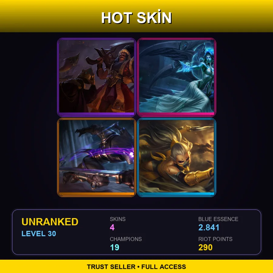 LAN | Sultan Tryndamere | Ghost Bride Morgana | Assassin Master Yi | Stinger Akali | 4 Skin | 19 Champ | Lv30