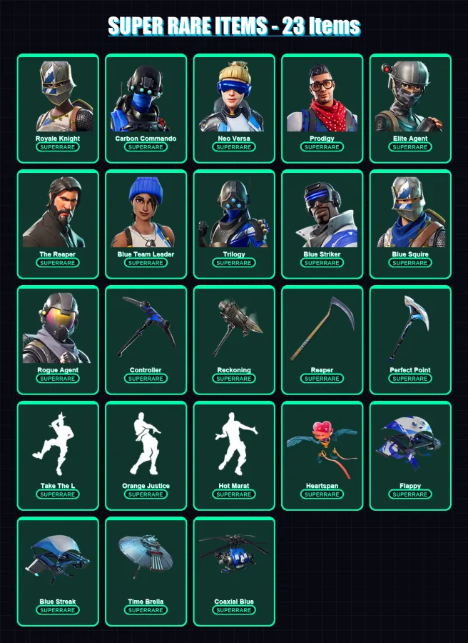 [PC/XBOX] | Royale Knight | Carbon Commando | Neo Versa | Prodigy | Elite Agent | 121 skin | 114 pickaxe | 106 emote | 117 glider | Lv1721