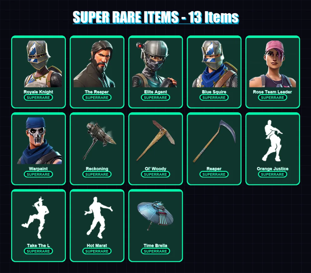 [PC/PSN] | Royale Knight | The Reaper | Elite Agent | Blue Squire | Rose Team Leader | 136 skin | 137 pickaxe | 149 emote | 133 glider | Lv1758