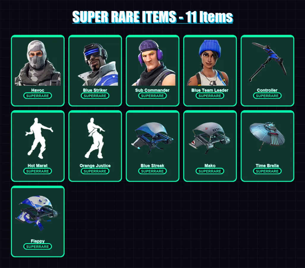 [PS4/PS5/XBOX/PC] | Havoc | Blue Striker | Sub Commander | Blue Team Leader | The Visitor | 32 skin | 54 pickaxe | 53 emote | 64 glider | Lv1081