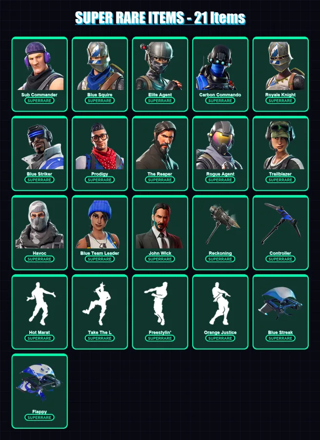 [PC] | Sub Commander | Blue Squire | Elite Agent | Carbon Commando | Royale Knight | 46 skin | 25 pickaxe | 36 emote | 38 glider | Lv376