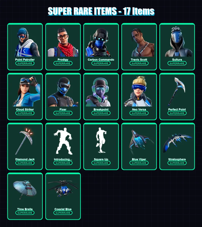 [PS4/PS5/XBOX/PC] | Point Patroller | Prodigy | Carbon Commando | Travis Scott | Sultura | 140 skin | 117 pickaxe | 105 emote | 107 glider | Lv1312